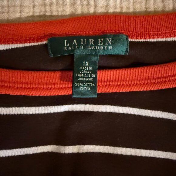 Ralph Lauren 3/4 Sleeve Jersey Top, Brown and White Striped Orange Neckline, 1X - Picture 5 of 5